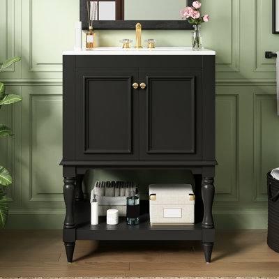 Meuble-lavabo de 24 pouces avec lavabo en céramique ultrabrillant, ornementation élégante pour armoire, tablette ouverte pour les serviettes, pieds à compartiments fermés de style rétro, rangement double pour une utilisation quotidienne et intimité