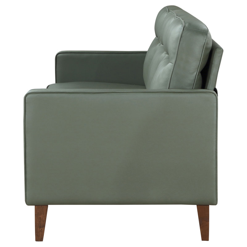 Green Faux Leather Tufted Track Arm Sofa with Wood Legs