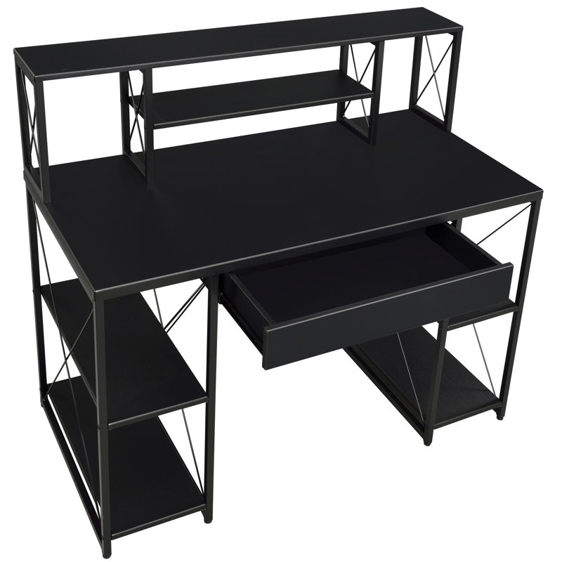 Bureau noir avec tablettes ouvertes, idéal pour le bureau - Grand espace de rangement avec 1 tiroir et 8 compartiments. Structure robuste en bois et en métal, avec passe-câbles intégré et design élégant.