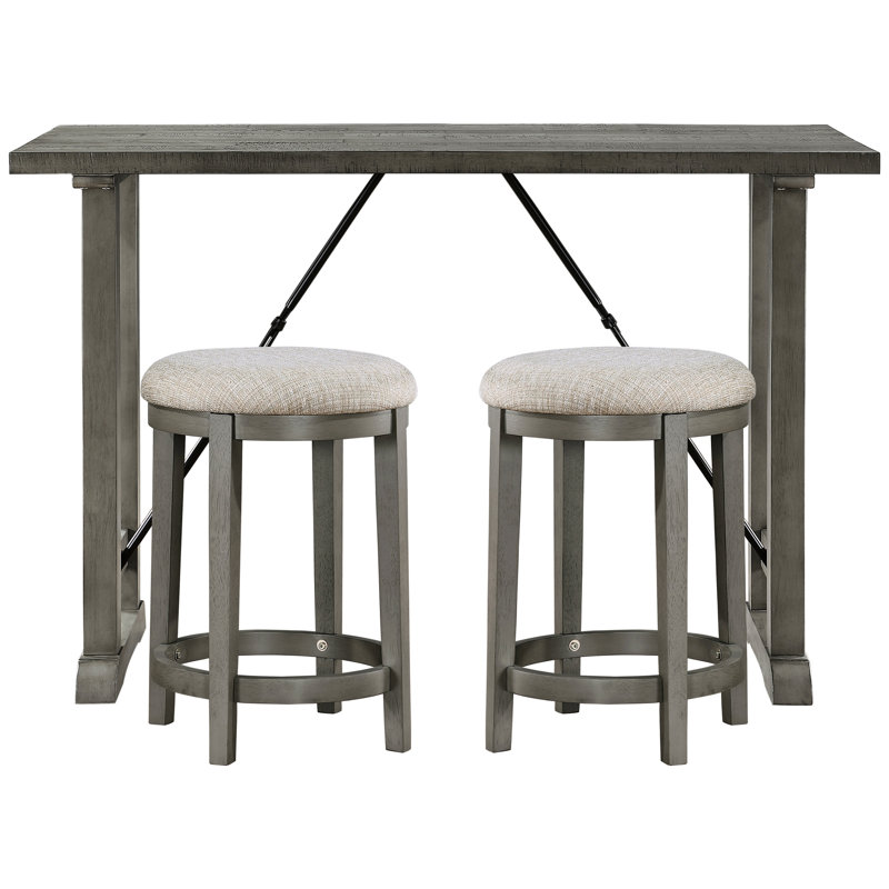 Hauteur de comptoir 3 pièces grise pour un repas décontracté: table rectangulaire avec support en métal et 2 tabourets ronds en tissu texturé 100% rembourré de mousse - sièges rembourrés Design industriel Cuisine: en tissu, en bois
