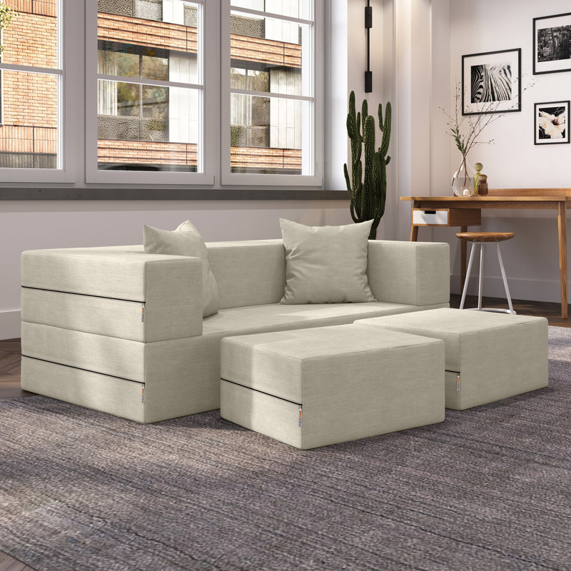 Shontae Zipline Convertible Compression Sleeper Loveseat, Ottomans & Pillows, Textured Microvelvet, Ivory