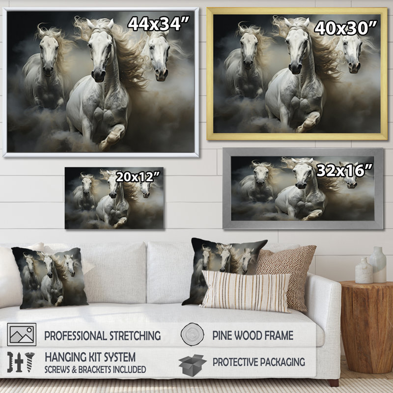 «White Beige Horse Equine Harmony», reproduction d'art sur toile encadrée, Cadre simple noir, H 30 po x l 40 po x P 1,5 po