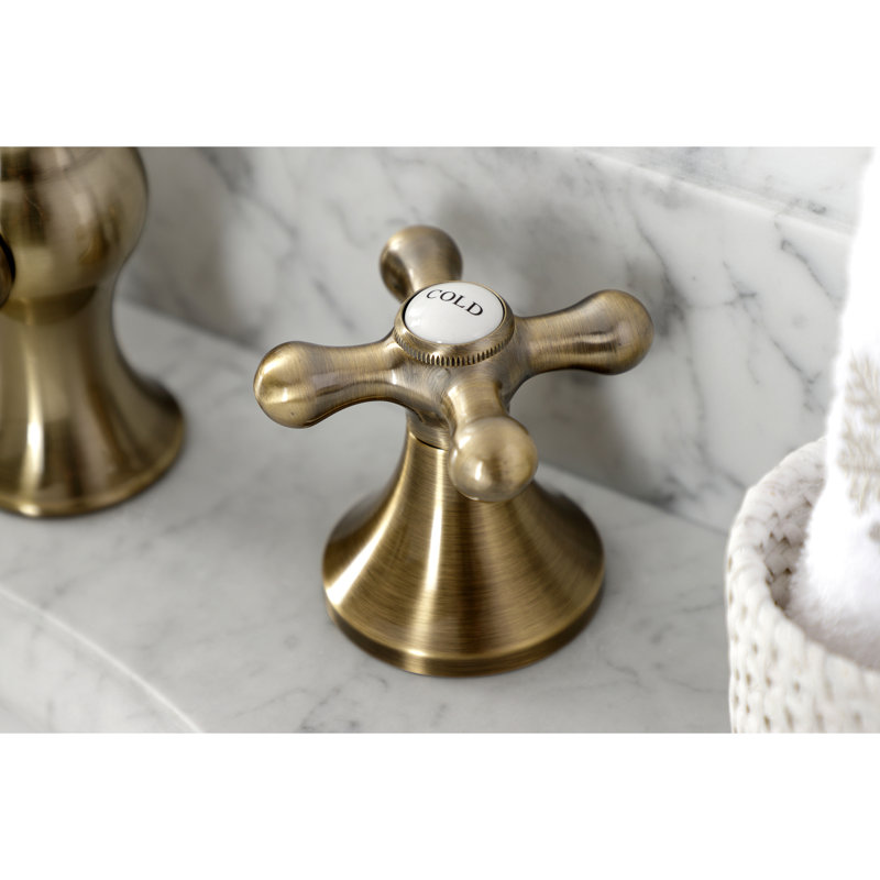 Kingston Brass Vintage Two-Handle 3-Hole Deck Mount Widespread Bathroom Faucet with Brass Pop-Up Drain, Antique Brass