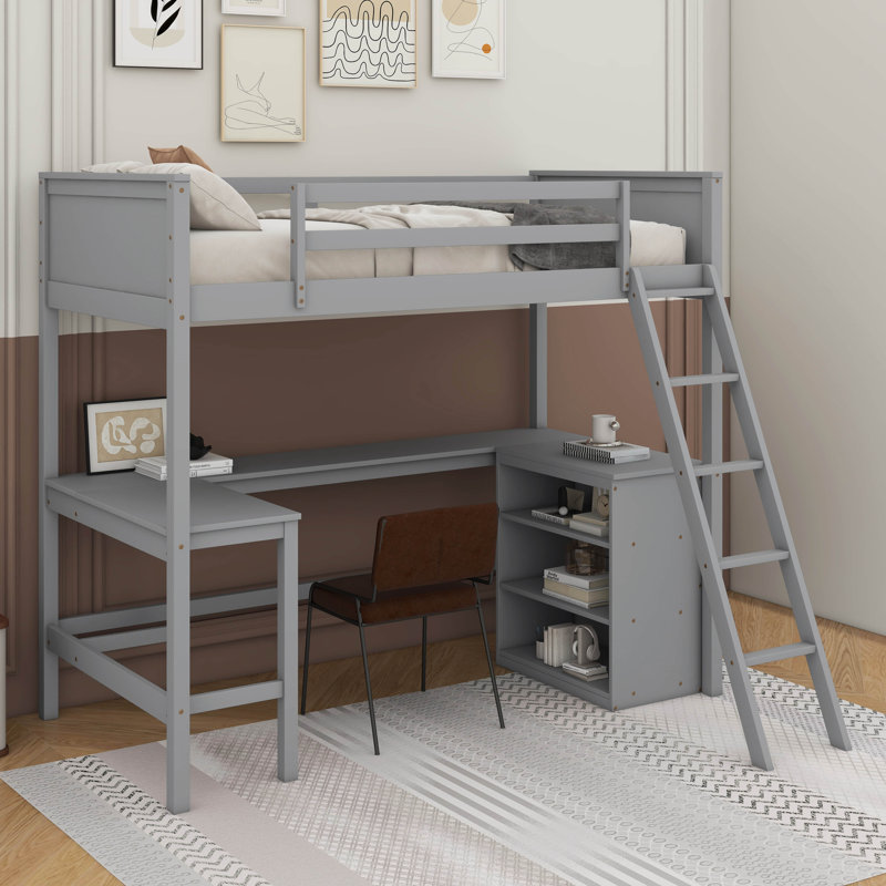 Lit mezzanine simple avec tablettes et bureau, Gris