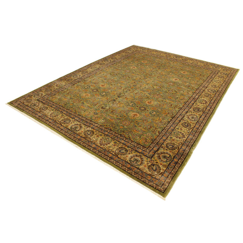 Tapis oriental noir / bleu clair / vert clair en laine noué à la main 9 pi 3 po x 12 pi 3 po Abagail