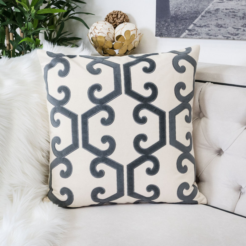 Appliqued Cotton Outdoor Throw Pillow, Gray