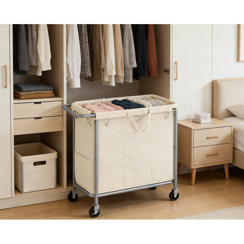 Laundry Cart, Three Compartment Laundry Basket With Detachable Lining, 31.9" H x 31.5" W x 15.4" D