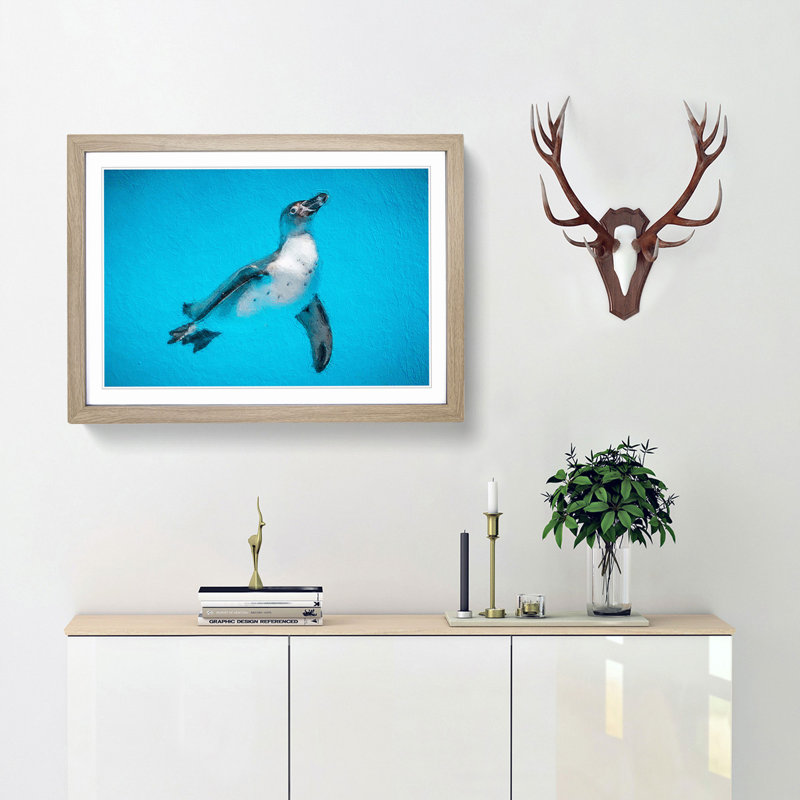 Swimming Penguin - Picture Frame Painting Print, 27cm H x 36cm W x 2cm D, Oak Framed