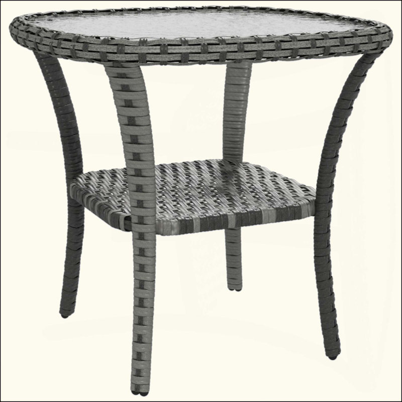 Rattan Coffee Table With Storage Shelf, Wicker Side Table With Glass Top, Outdoor End Table For Garden, Porch, Backyard