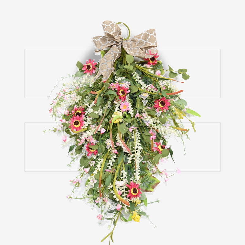 28" Artificial Farmhouse Spring Summer Fabric Bow Berry Greenery Foliage Blossom Cluster Daisy Wildflower Teardrop Floral Swag Front Door Wreath Decor