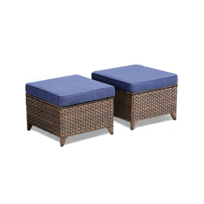 Outdoor PE Wicker Ottomans Set Of 2, Patio Gray Rattan Footrests With Cushions For Backyard Or Deck
