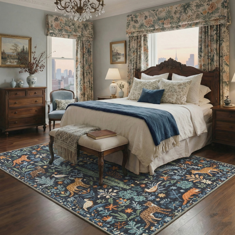 Aarna Midnight Forest Folk Art Animals & Botanical Navy Kids Runner Rug, Machine Washable, Inspired Faux Wool - High-Rebound Foam & Non-Slip Backing