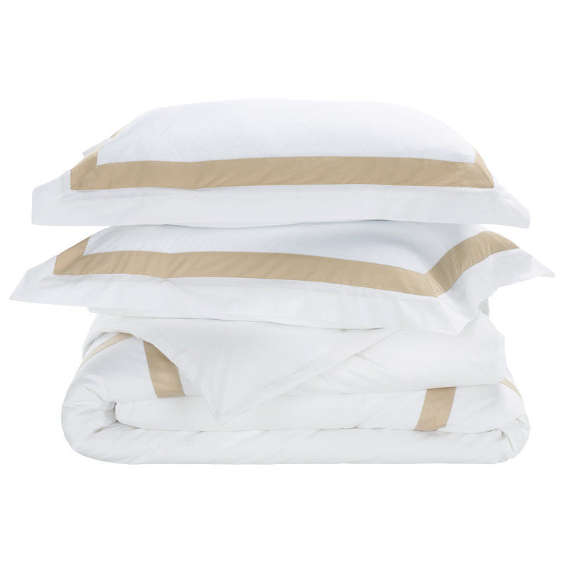 Bold Border Hotel Duvet Cover 3 Piece, Queen Duvet Cover + 2 Standard Pillow Shams, Desert Beige/White