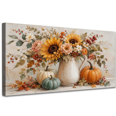  Pumpkin Canvas Wall Art Rustic Fall Sunflower Still Life Painting Pictures Vintage Autumn Prints Farmhouse Artwork Décor Ready to Hang Large Pumpkin Canvas Wall Decor for Living Room Bedroom, 24x47 inches