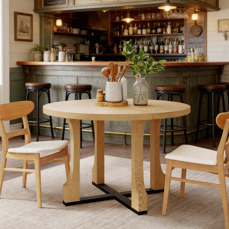 48" Round Dining Table, Natural Ash Solid Wood & MDF With Black Cross Base, Extendable Design For Small Kitchen & Dining Room