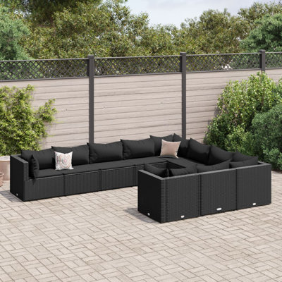  Ensemble de canapé de patio en rotin PE noir, ensemble de 10 pièces en acier thermolaqué