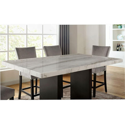 Attractive Elegant White Genuine Marble Table Top 1Pc Counter Height Dining Table Sturdy Design Solidwood Base Dining Room High Table