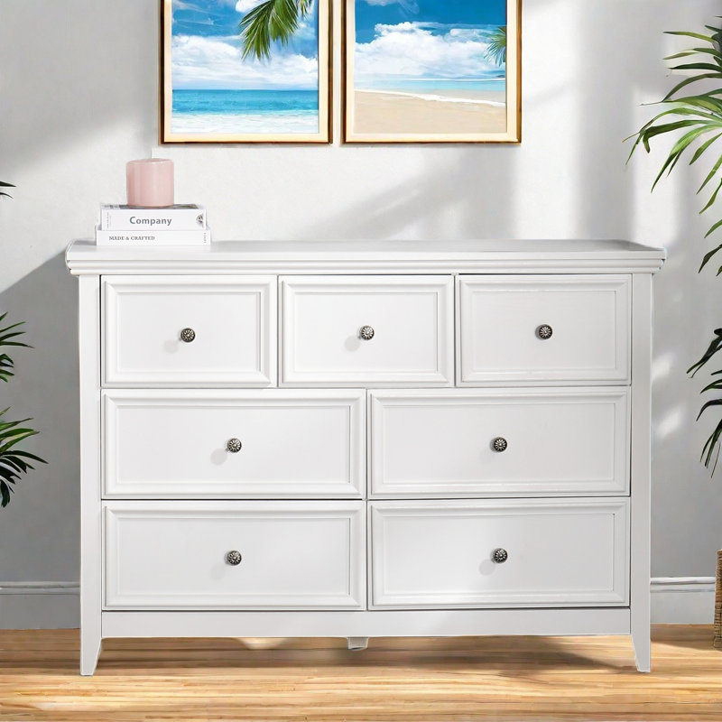  Commode Versilia Farmhouse avec 7 tiroirs et poignées en métal, Blanc