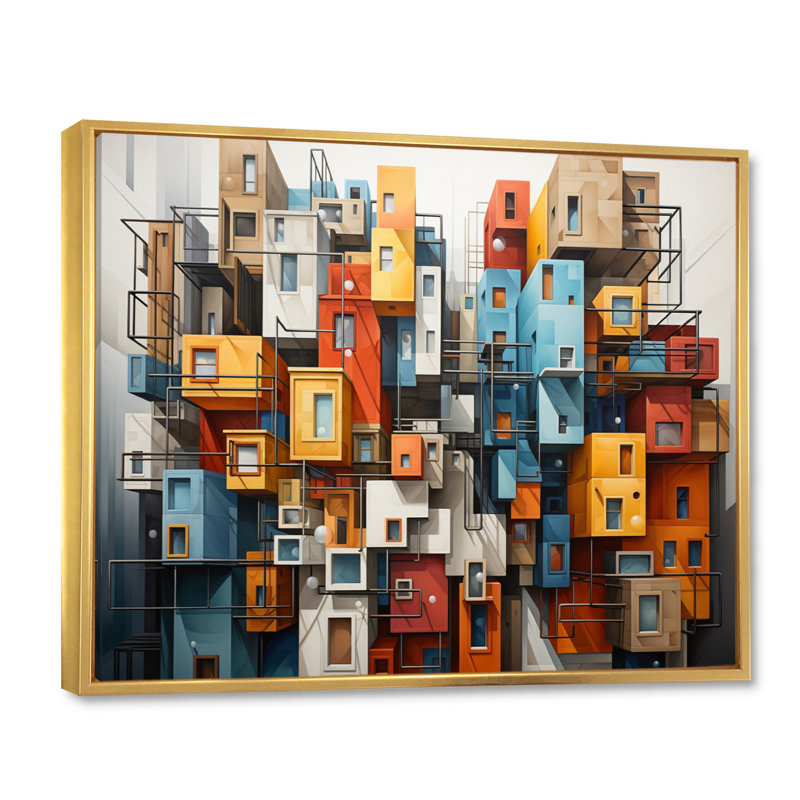 " Cityscape Bluiding Geometric Collage I ", 34" H x 44" W x 1.5" D, Gold Floater Framed