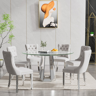 Round Dining Table Set, 47.24" Glass Dining Table with Velvet Dining Chairs, Clear Circle Kitchen Table Set, Dining Room Table and Chairs Set