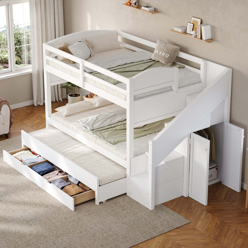 Lit superposé peu encombrant avec système de rangement intégré, Blanc