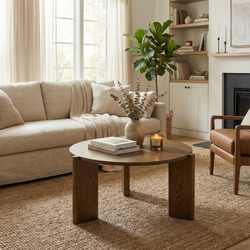 Claremont Solid Rubberwood Coffee Table for Living Room, Wood Round Tea Table with Solid Legs for Bedroom, Brown Wood/Brown