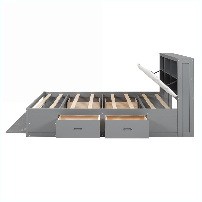 Queen Size Solid Wood Upholstered Platform Bed With Multi Storage Features Classic Gray