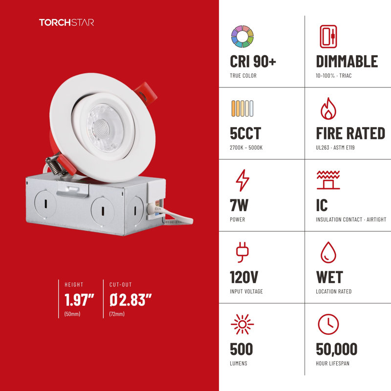 Luminaire encastré à DEL de 7,6 cm (3 po) et 7 W, 5 CCT, résistant au feu, conforme aux normes UL263 et ASTM E119, étanche à l'air et à intensité variable, avec boîte de jonction.