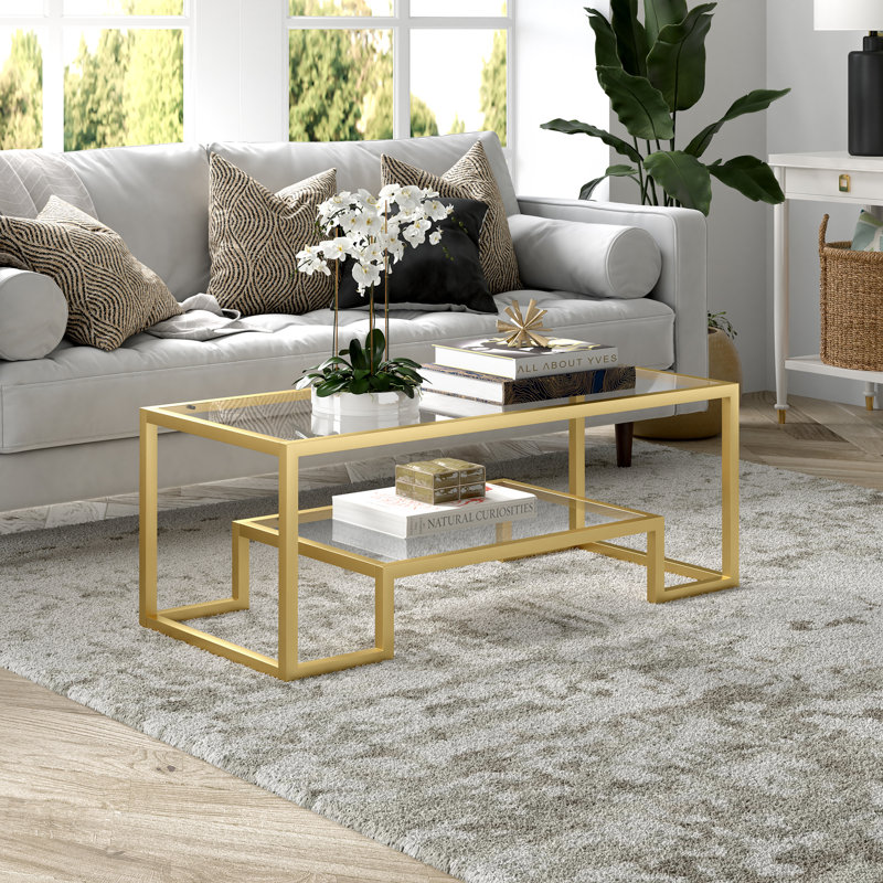 Athena Glass Top Coffee Table, Brass, 17" H x 54" L x 24" W