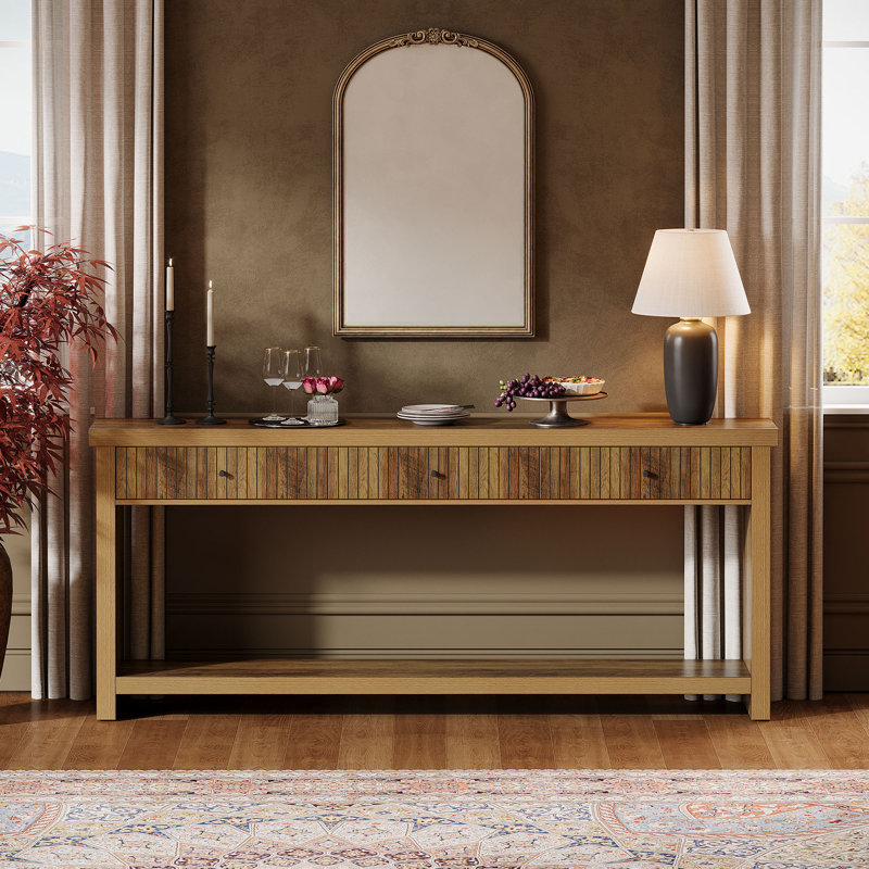 70.9 Inch Wood Console Table Long Sofa Table with 3 Drawers, Brown