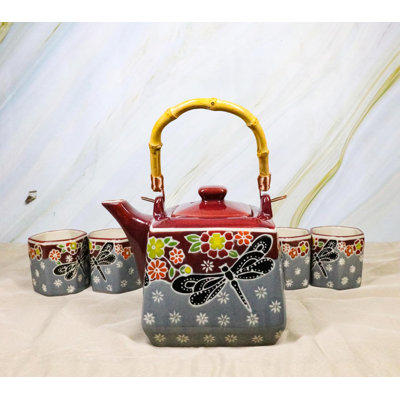 Maroon Grey Tombo Dragonfly With Flowers Hexagonal Teapot With 4 Tea Cups Set