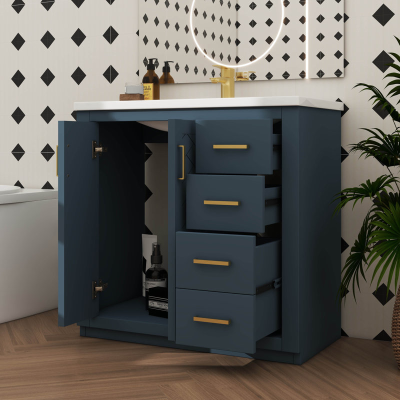 Ensemble de meuble-lavabo 36 po avec lavabo en céramique 36 po, ensemble de meuble-lavabo autonome équipé de 3 tiroirs, Bleu