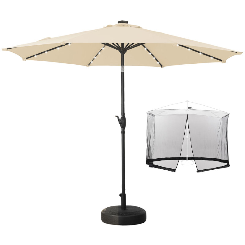 Parasol de terrasse de 3 m avec éclairage, base et moustiquaire., Kaki
