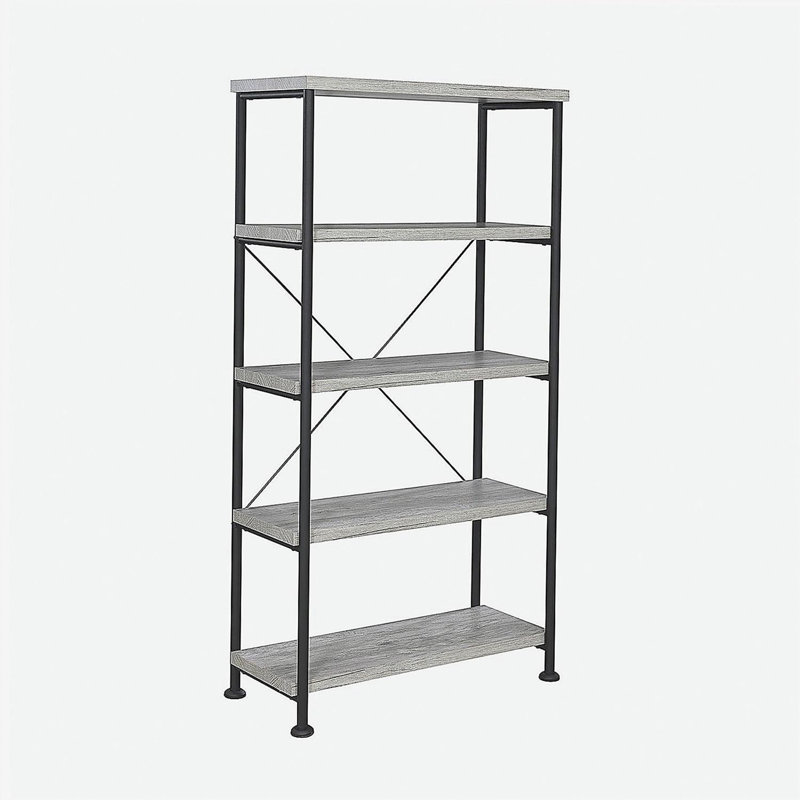 Bibliothèque à 4 tablettes avec structure en métal en bois flotté gris et noir