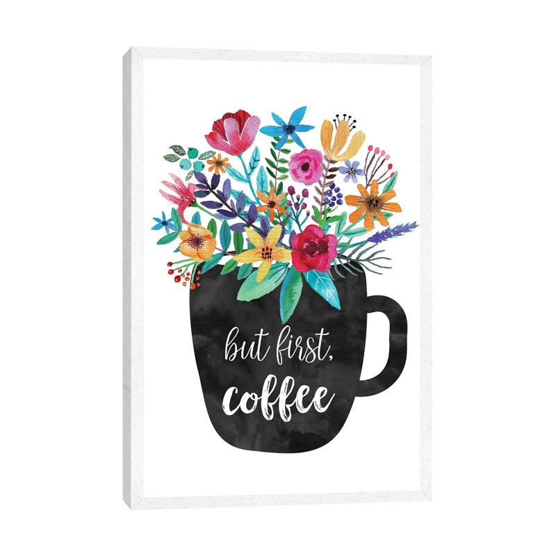 But First Coffee - Print on Canvas, 101.6cm H x 66.04cm W x 3.81cm D, White Framed