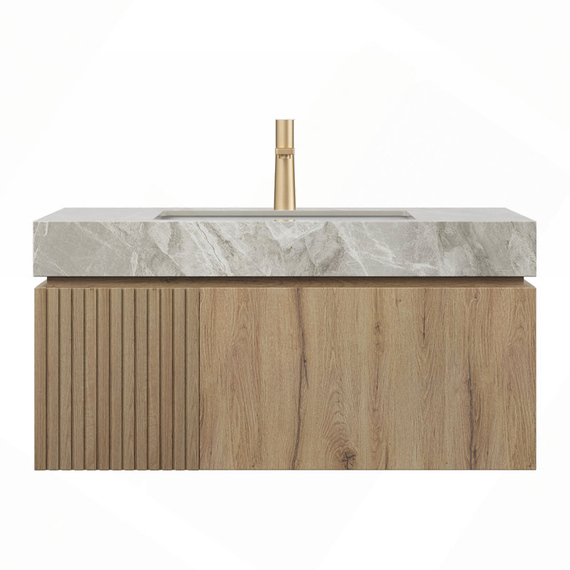 Meuble-lavabo de 36 po avec lavabo, armoire de rangement flottante murale en contreplaqué avec tiroir et porte, comptoir en pierre frittée avec lavabo, pré-assemblé