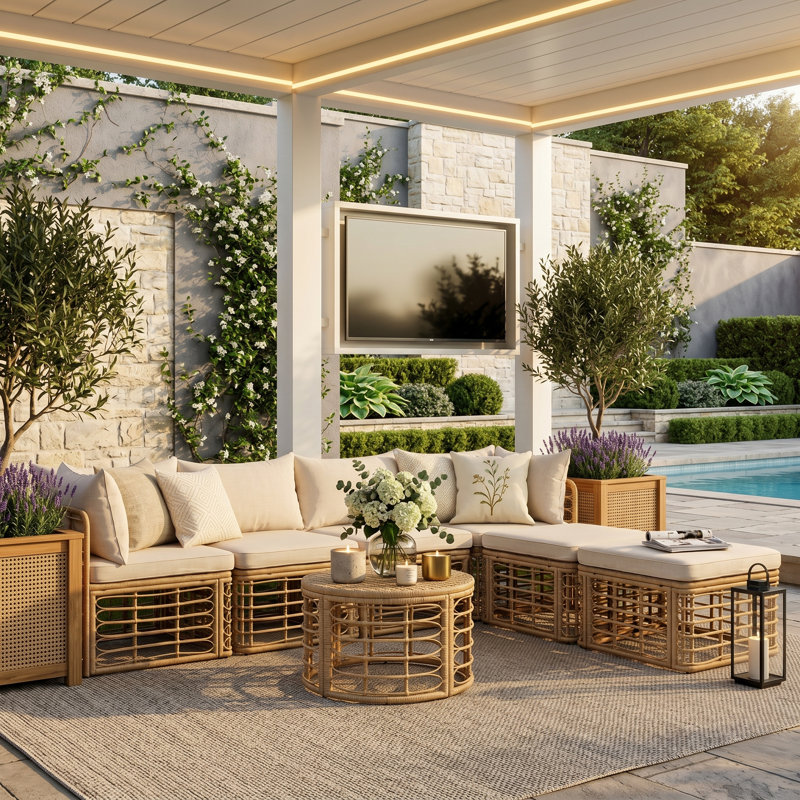 Ensemble de canapé modulaire d'extérieur en osier 7 pièces avec coussins, beige, Beige