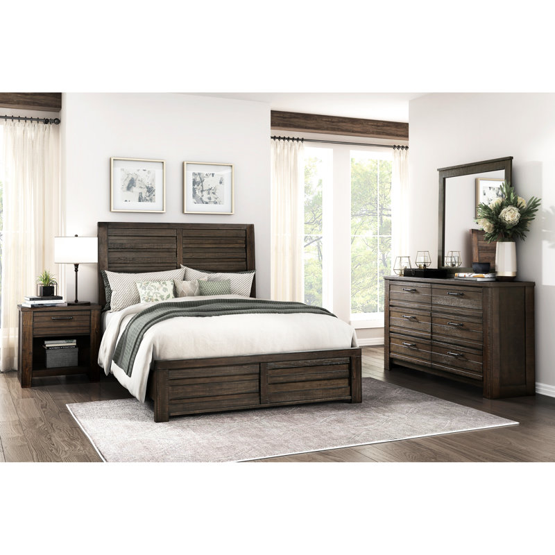 Lit double, cadre, tête de lit et lit double en placage de bouleau brun foncé, Marron foncé