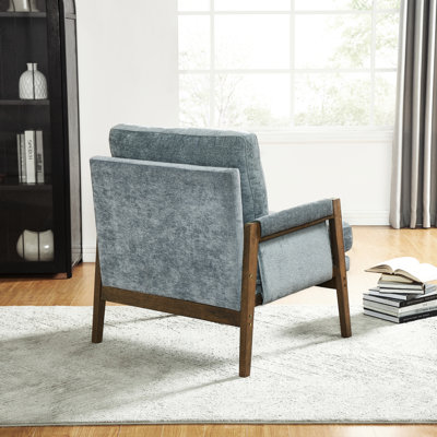 Fauteuil en velours bleu Mid-Century moderne - confortable pour divers espaces. Fabrication en bois d'hévéa, revêtement, pieds rembourrés protégeant le plancher. Dimensions du siège: l 27,20 po x P 25,60 x H 18,90 po Dossier: 17 h 30