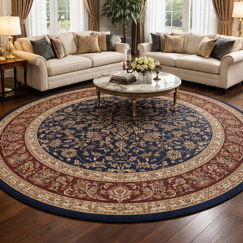 Tapis traditionnel traditionnel floral bleu marine, Rond 5 pi 3 po