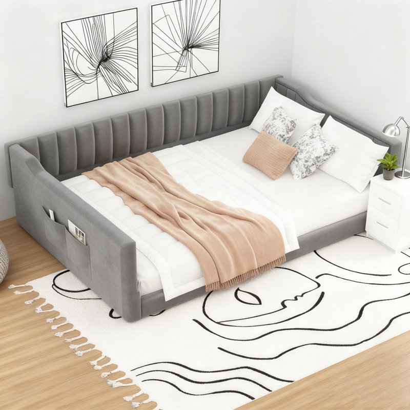 Upholstery Daybed and Side Storage pocket, Gray, Full