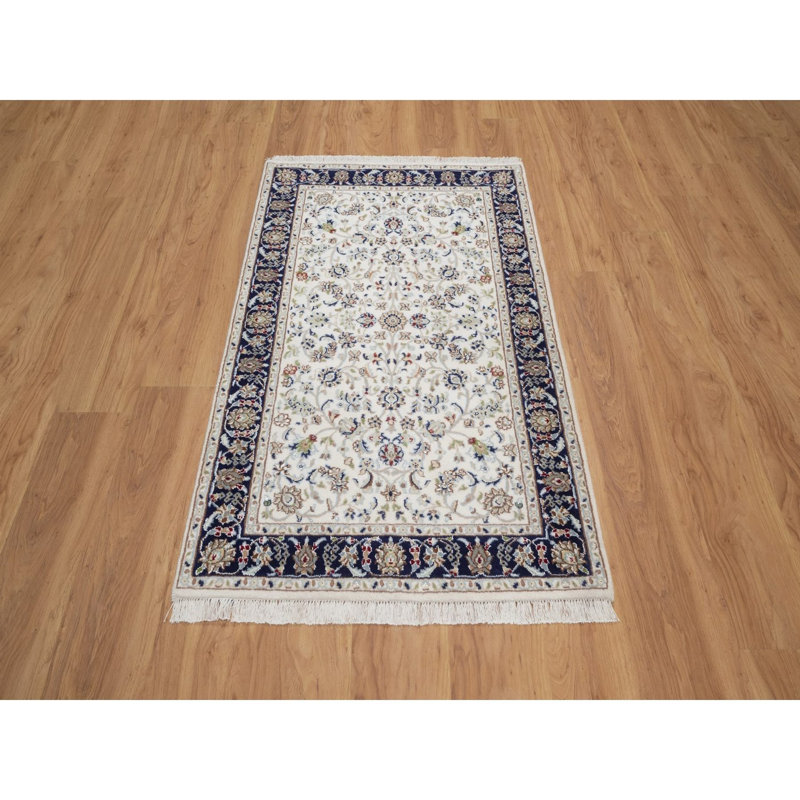 Tapis oriental blanc perle 3 pi 1 po x 5 pi 2 po, noué à la main, en laine et en soie, 250 KPSI, à poils doux