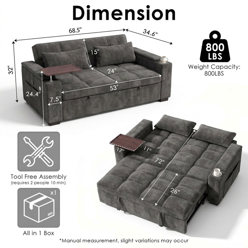 68.5'' Folding Convertible Sofa Bed,Small Pull Out Sofa with 90° Swivel Side Table &  Side USB Port, Dack Grey