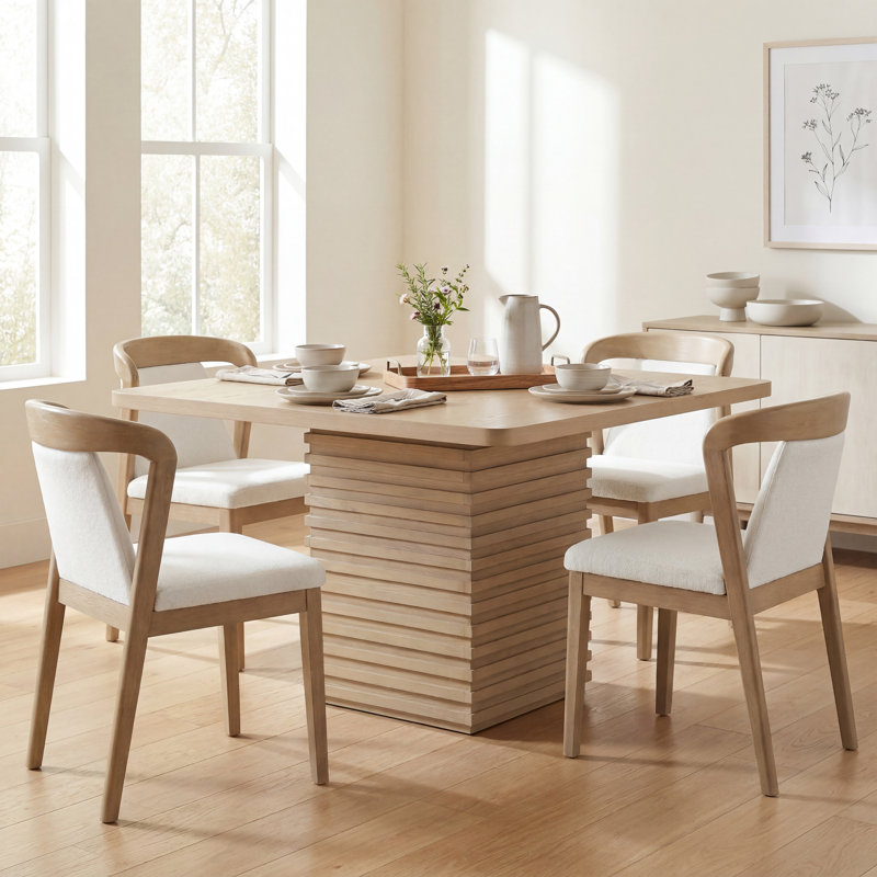 Ensemble de salle à manger moderne scandinave pour 4 personnes avec chaises rembourrées en bois d'hévéa Liora, Frêne clair