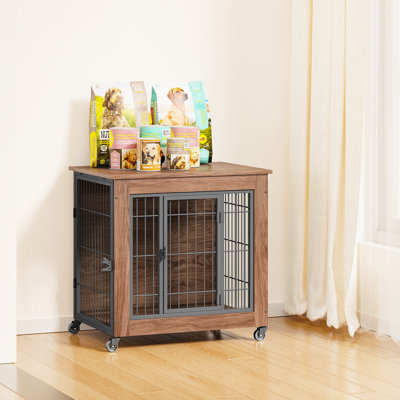 Cage pour chien robuste de 27,2 po pour petits chiens avec roues et portes doubles, chenil d'intérieur, table de bout en cage pour animaux de compagnie, chiens en sécurité, intérieur confortable - chenil intérieur pour portes, bonne visibilité