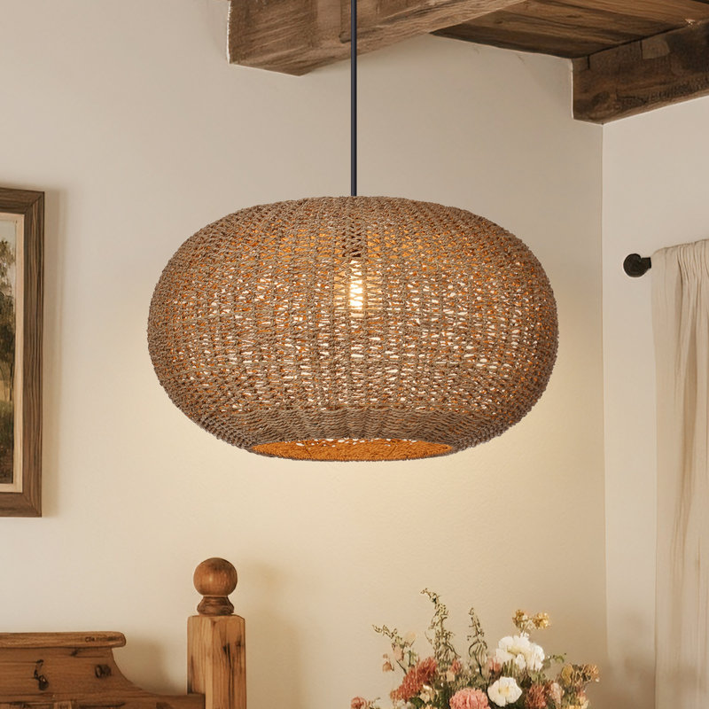 Coastal Style Rattan Pendant Lamp for Kitchen Island, 14.57" H x 23.62" W x 23.62" D