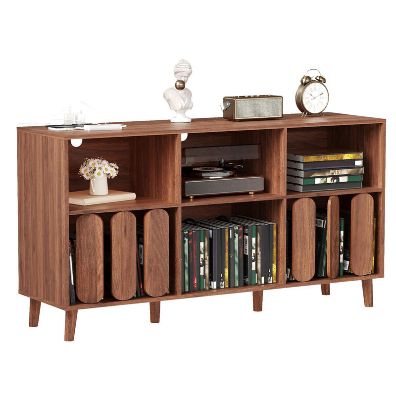 Modern Record Player Stand, 55'' Large Vinyl Record Storage Holder with Charging Station