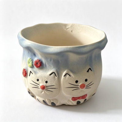 Pot à fleurs en céramique blanc et bleu avec pot à rebord ondulé et relief pour chat