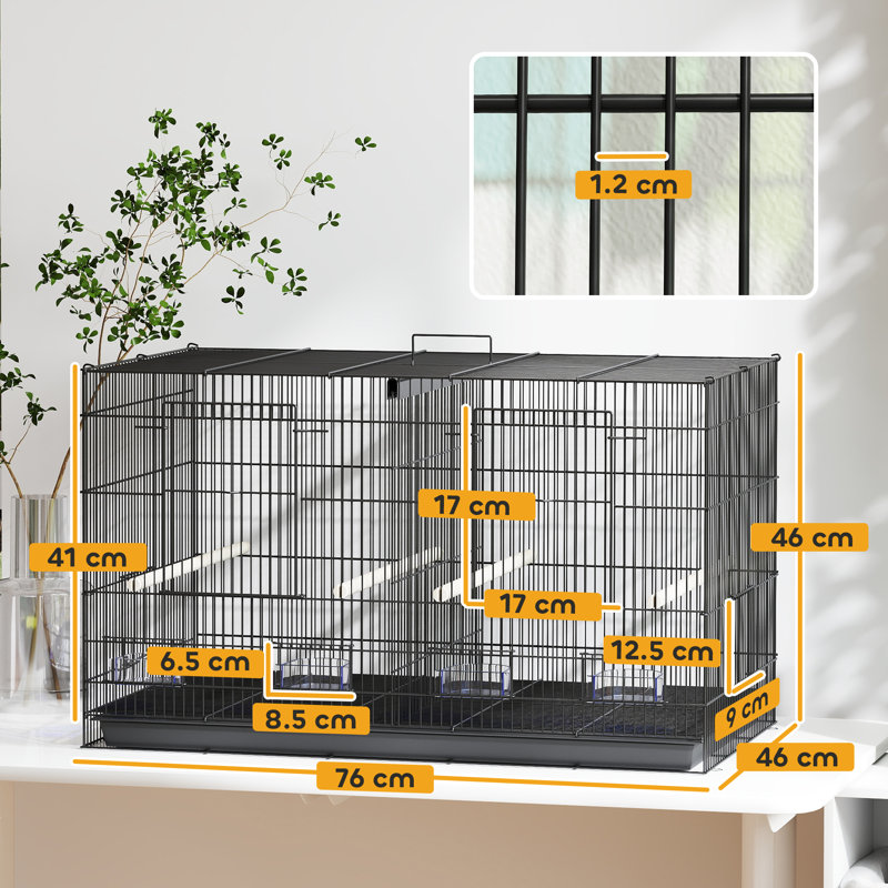 Bird Cage with Divider 4 Wooden Perches Slide Out Tray Black