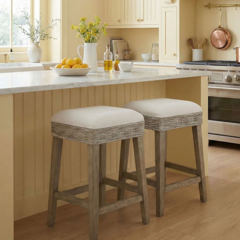 Durham Backless Counterstool With Upholstered White Seat, Natural